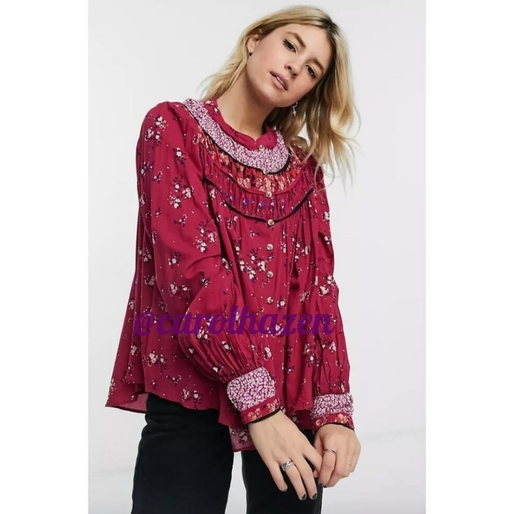 Free People Paloma Red Berry Long Sleeves Top Limited Edition Bohemian Chic
